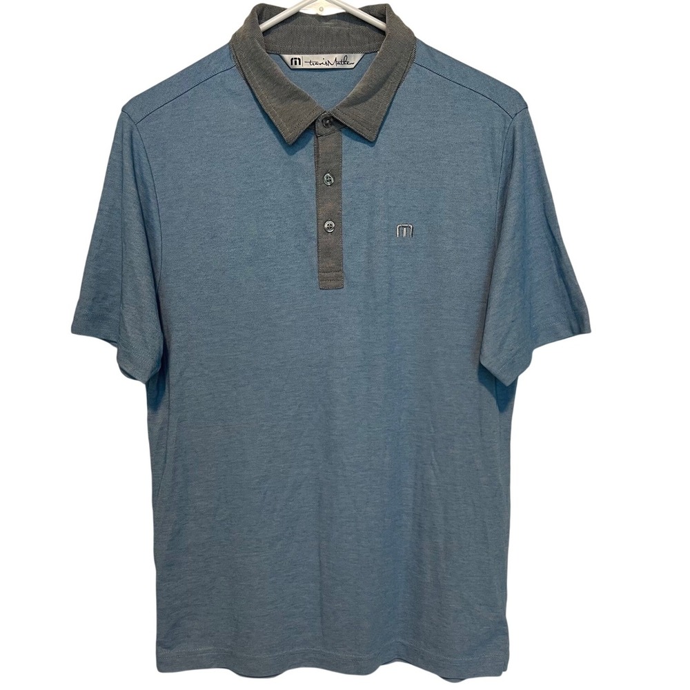 Travis Mathew Men's S Polo Shirt Blue Grey Contrast Collar Golf Pima Cotton